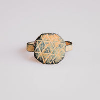 Byzantine bronze ring Theoktistos showing octagonal bezel with geometric lattice engraving
