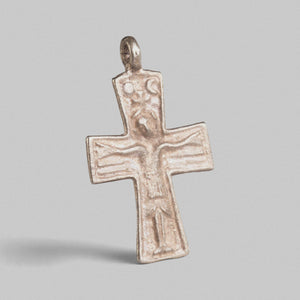 Byzantine silver cross pendant Anastasia, angled view showing sun and crescent moon flanking Christ
