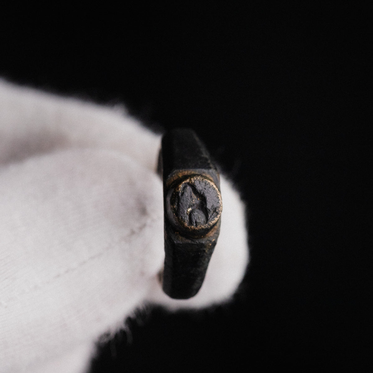 Close-up of engraved bird motif on Roman bronze ring Numerius bezel