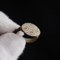 Close-up of Roman bronze ring Numerius bezel showing hand-punched Kreisaugen decoration