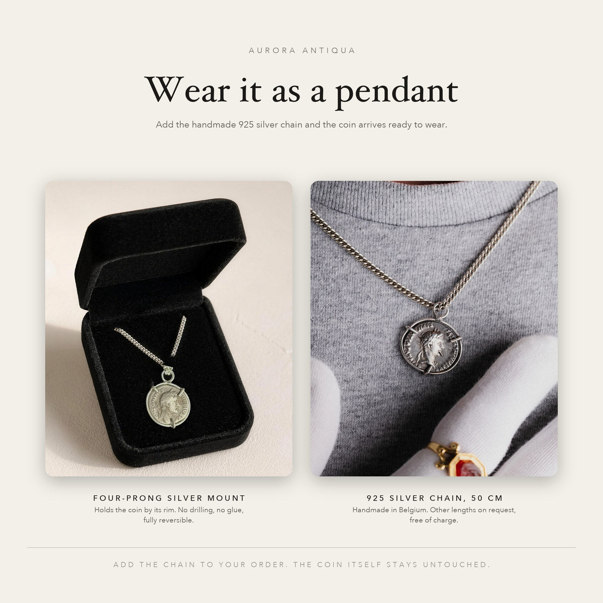 Wear it as a pendant: optional handmade 925 silver chain with four-prong mount