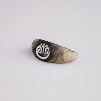 Detail of nicolo intaglio on Roman bronze ring Volusia with palmette and crescent base