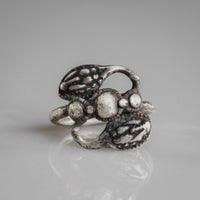 Detail of Roman silver ring Ophidius, front three-quarter angle highlighting scale-textured serpent heads