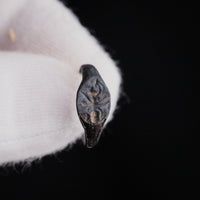 Detailed macro of Roman bronze ring Formica bezel showing insect intaglio and patina flaking