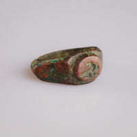 Front view of Roman bronze ring Corvinus showing raised oval border and avian device