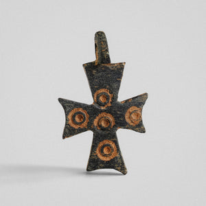 Byzantine bronze cross pendant 'Okellaris' with pattée arms and five ring-and-dot ornaments