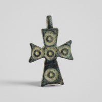 Medieval bronze cross pendant 'Okellos' with pattée arms and five ring-and-dot bosses, front view