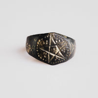 Medieval bronze ring Astariel with engraved pentagram bezel and punched-dot border