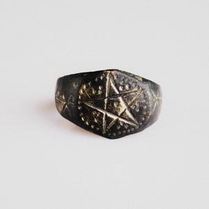Medieval bronze ring Astariel with engraved pentagram bezel and punched-dot border