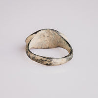 Medieval bronze ring Radulf rear view showing narrow back band and variegated patina