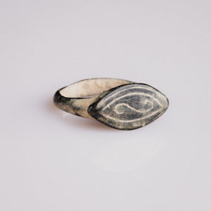 Medieval bronze ring Radulf top view showing double incised border on flat bezel face