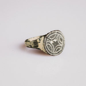 Medieval bronze ring Vitalya showing circular bezel and integral cast shoulders, angled view