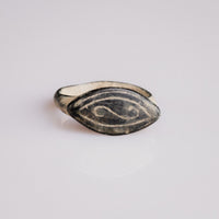 Medieval bronze signet ring Radulf with navette bezel and engraved S-scroll tamga mark