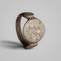 Medieval silver ring Wistrid, angled view of the intaglio bezel and the hoop