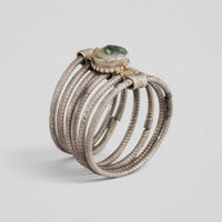 Medieval silver ring Ilmar, side view of bundled hoops bound by wire-wrapped collars