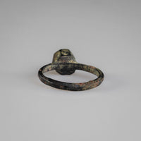 Rear view of Byzantine bronze ring Kyriakos with malachite and cuprite patina on hoop