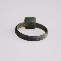 Rear view of Byzantine bronze ring Zosimos with malachite green corrosion under bezel