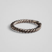 Reclining view of medieval silver twisted-wire ring Hravnar showing regular rope pattern