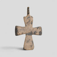 Reverse of Byzantine bronze cross pendant Phanourios, plain surface with mineralized patina