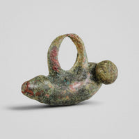 Roman bronze phallic amulet pendant 'Felix' with dorsal suspension loop, three-quarter view