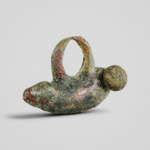 Roman bronze phallic amulet pendant 'Felix' with dorsal suspension loop, three-quarter view
