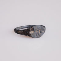 Roman bronze ring Formica showing intaglio detail and dark patina on navette bezel