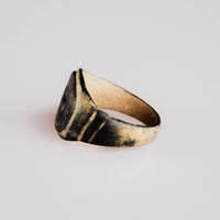 Roman bronze ring Leonis profile view showing tenorite patina and earthen accretions