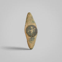 Roman bronze ring Verecundus, upright front view of navette-shaped plan and figure intaglio