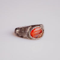 Roman silver ring Pisculus showing carnelian bezel and tarnished shoulders