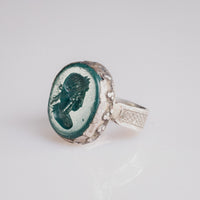 Sasanian silver intaglio ring Bahram close-up of green chalcedony portrait bezel
