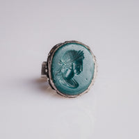 Sasanian silver intaglio ring Bahram with green chalcedony royal portrait bust, front view