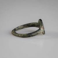 Side profile of Byzantine bronze ring Mikhael showing D-section hoop and patina
