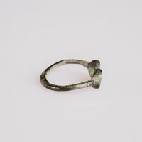 Side profile of Roman bronze ring Numerius showing slender round-section hoop and patina