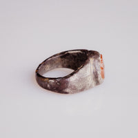 Side view of Roman silver ring Pisculus revealing D-section hoop and patina