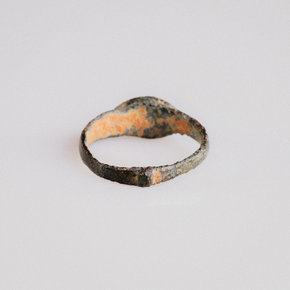 Top-down view of Byzantine bronze ring 'Theodora' revealing hoop taper and wear